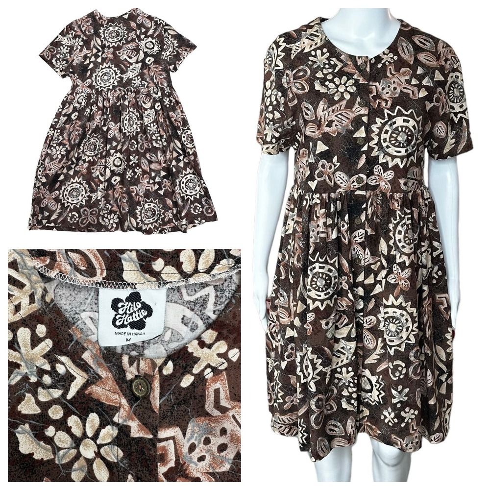 Vintage Hilo Hattie Hawaiian Dress Size Medium Brown Button Closure Pockets